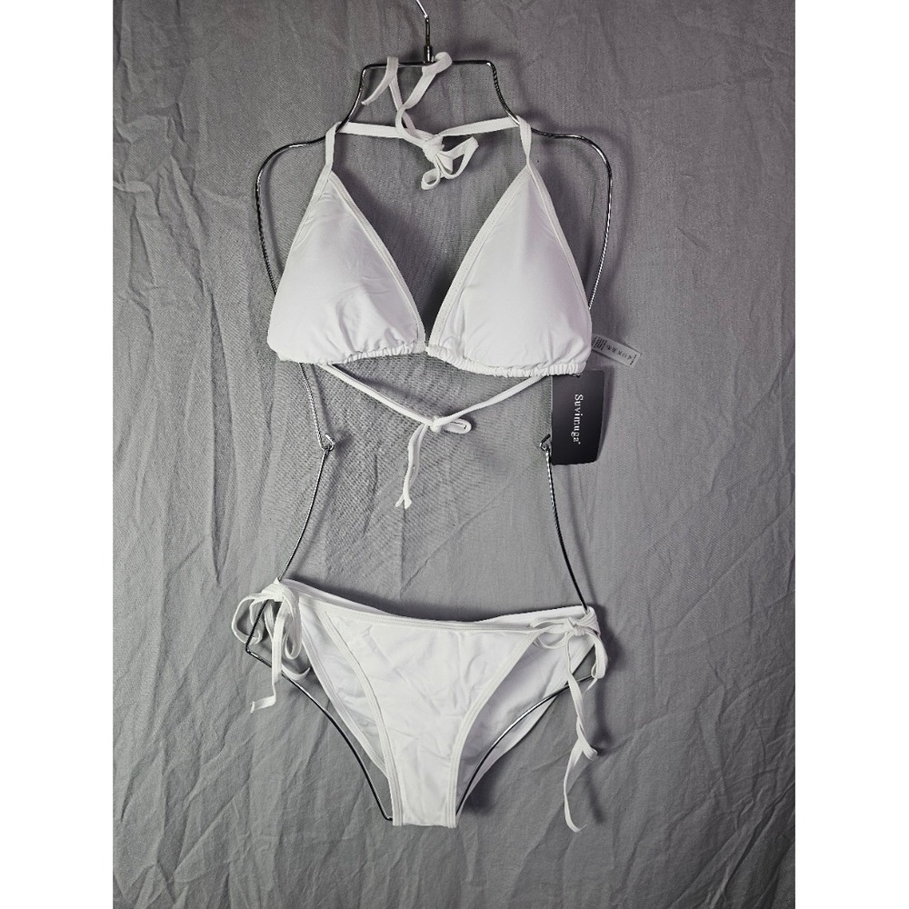 Suvimuga White Triangle Bikini Set Ruched Scrunch Back Side Tie Swimsuit Large